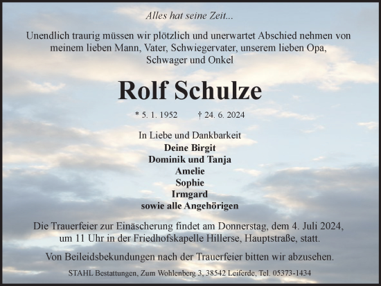 Traueranzeige von Rolf Schulze von Wolfsburger Nachrichten