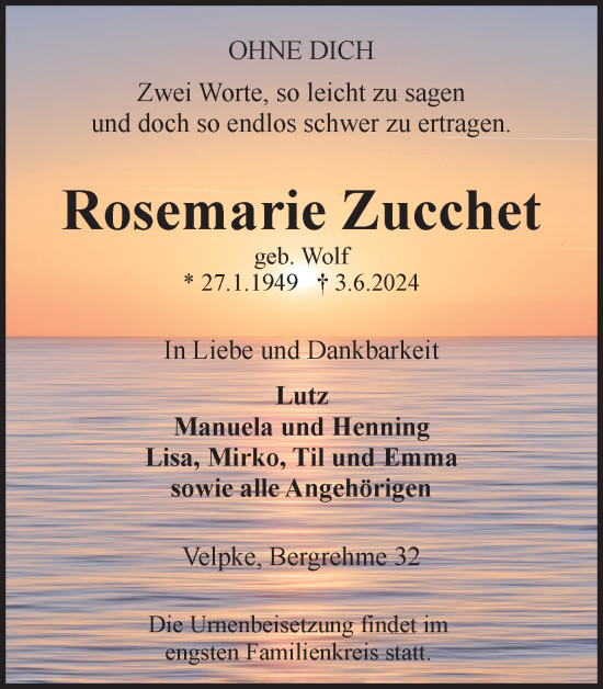 Traueranzeige von Rosemarie Zucchet von Helmstedter Nachrichten