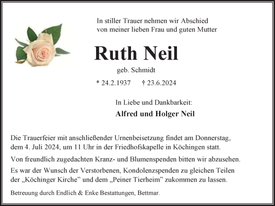 Traueranzeige von Ruth Neil von Peiner Nachrichten