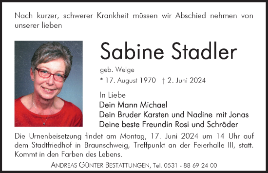 Traueranzeige von Sabine Stadler von Neue Braunschweiger am Samstag