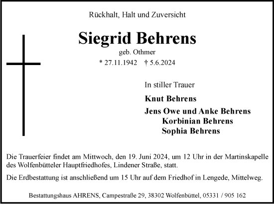 Traueranzeige von Siegrid Behrens von Braunschweiger Zeitung