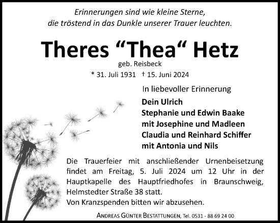 Traueranzeige von Theres Hetz von Braunschweiger Zeitung