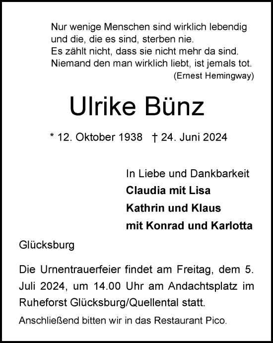 Traueranzeige von Ulrike Bünz von Braunschweiger Zeitung