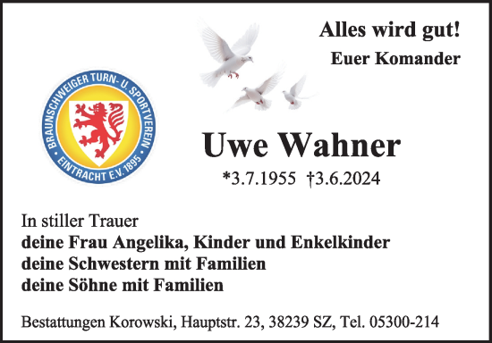 Traueranzeige von Uwe Wahner von Neue Braunschweiger am Samstag