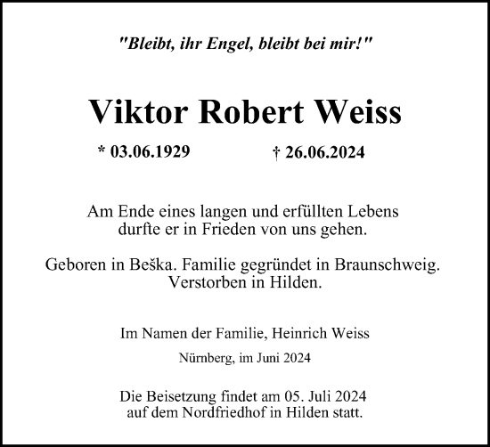 Traueranzeige von Viktor Robert Weiss von Braunschweiger Zeitung