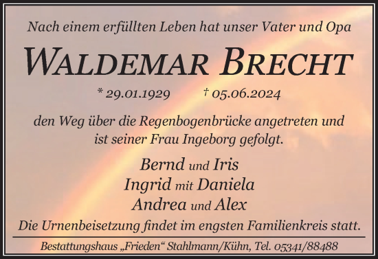 Traueranzeige von Waldemar Brecht von Wolfenbütteler Zeitung