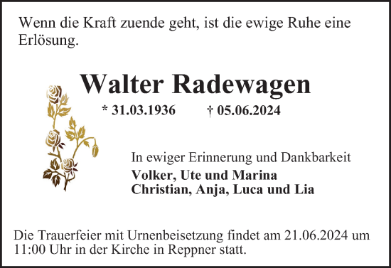 Traueranzeige von Walter Radewagen von Salzgitter-Zeitung