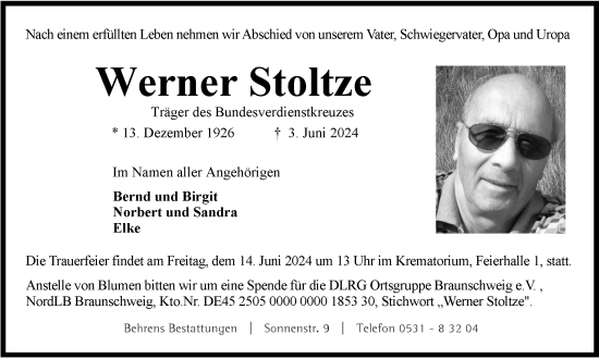 Traueranzeige von Werner Stoltze von Braunschweiger Zeitung
