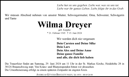 Traueranzeige von Wilma Dreyer von Braunschweiger Zeitung