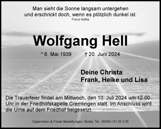 Traueranzeige von Wolfgang Hell von Wolfenbütteler Zeitung