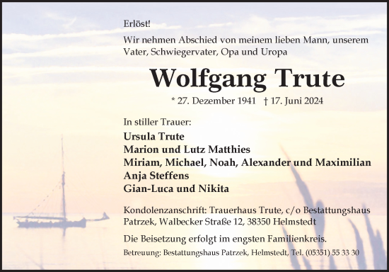 Traueranzeige von Wolfgang Trute von Helmstedter Nachrichten