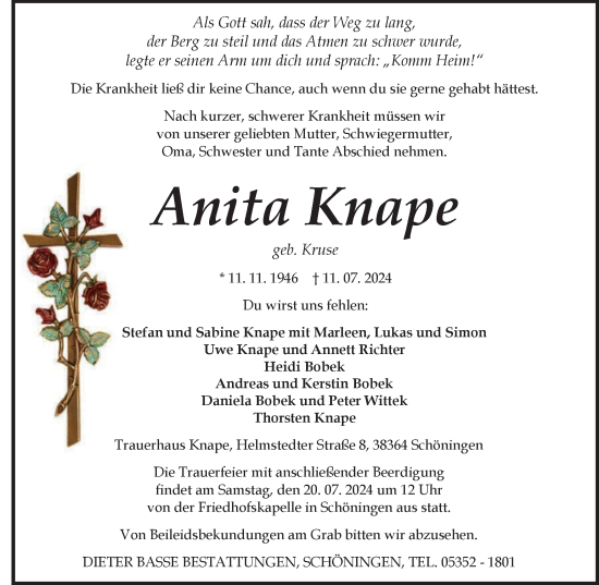 Traueranzeige von Anita Knape von Helmstedter Nachrichten