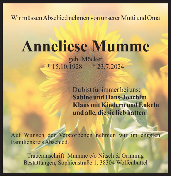 Traueranzeige von Anneliese Mumme von Wolfenbütteler Zeitung