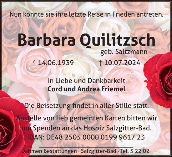 Traueranzeige von Barbara Quilitzsch von Braunschweiger Zeitung, Salzgitter-Zeitung