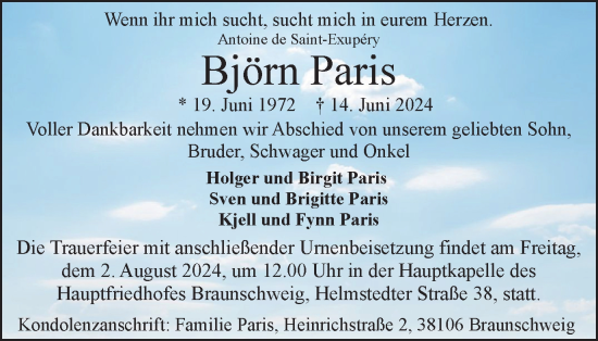 Traueranzeige von Björn Paris von Braunschweiger Zeitung