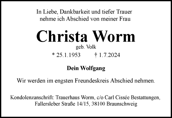 Traueranzeige von Christa Worm von Braunschweiger Zeitung