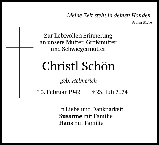 Traueranzeige von Christl Schön von Braunschweiger Zeitung