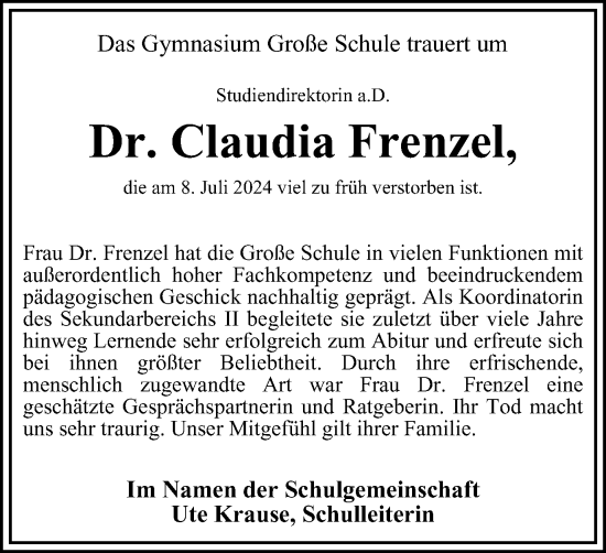 Traueranzeige von Claudia Frenzel von Wolfenbütteler Zeitung