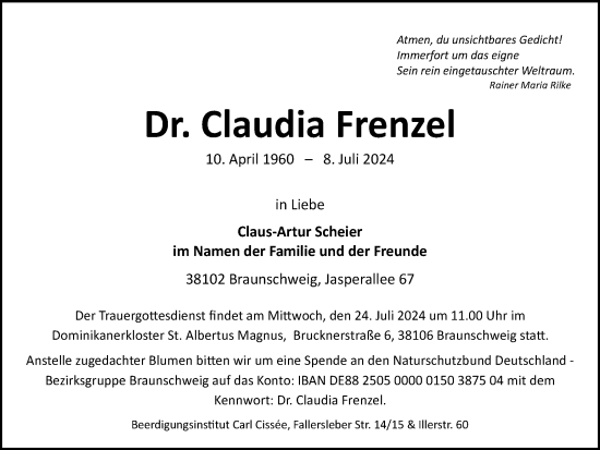 Traueranzeige von Claudia Frenzel von Braunschweiger Zeitung