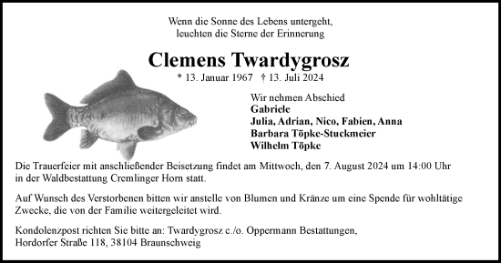 Traueranzeige von Clemens Twardygrosz von Braunschweiger Zeitung