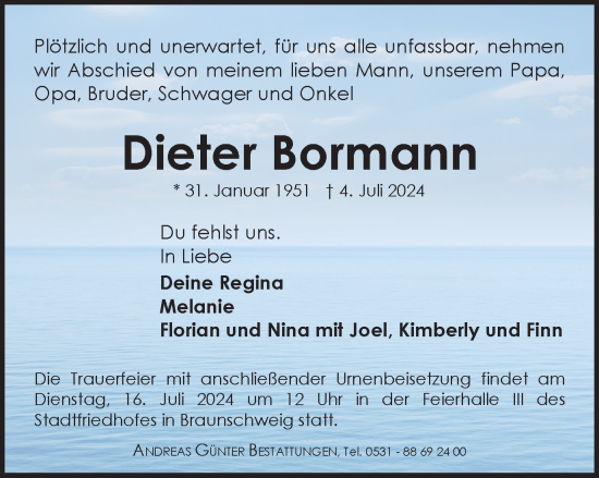 Traueranzeige von Dieter Bormann von Braunschweiger Zeitung