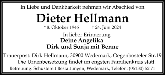 Traueranzeige von Dieter Hellmann von Braunschweiger Zeitung