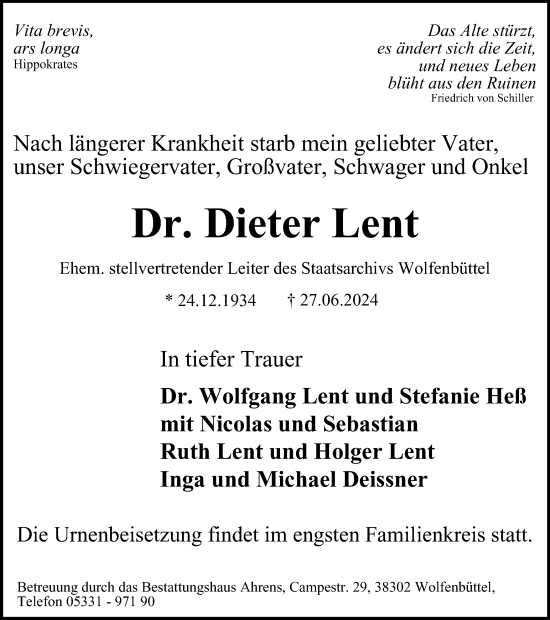 Traueranzeige von Dieter Lent von Braunschweiger Zeitung