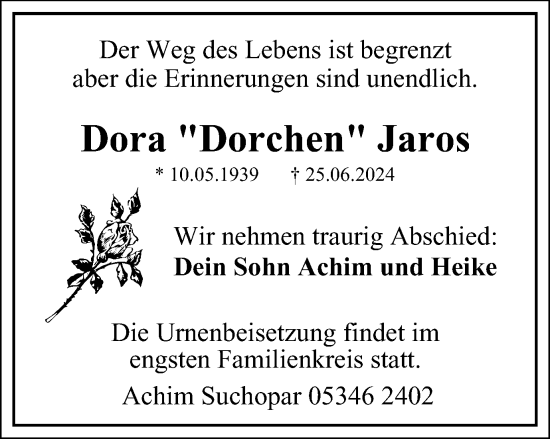 Traueranzeige von Dora  Jaros von Braunschweiger Zeitung