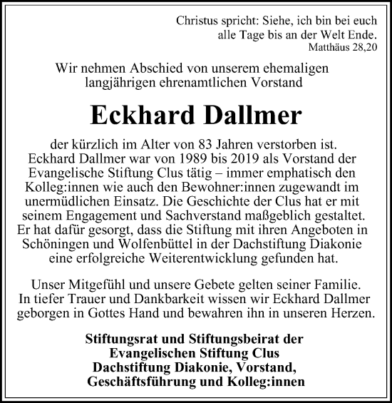 Traueranzeige von Eckhard Dallmer von Helmstedter Nachrichten