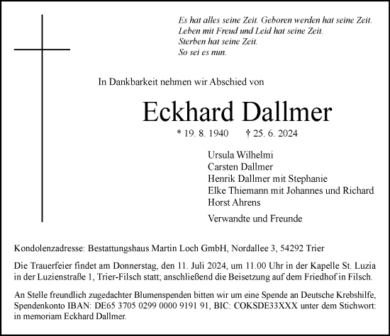 Traueranzeige von Eckhard Dallmer von Helmstedter Nachrichten
