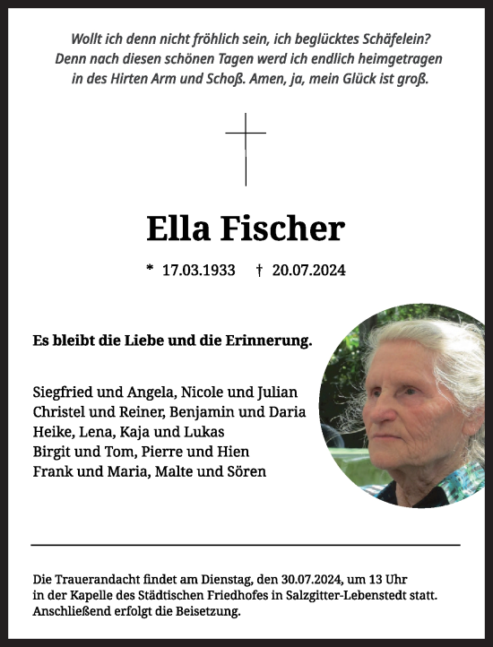 Traueranzeige von Ella Fischer von Salzgitter-Zeitung