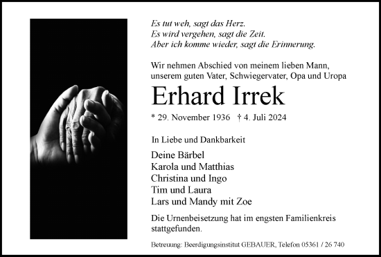 Traueranzeige von Erhard Irrek von Wolfsburger Nachrichten
