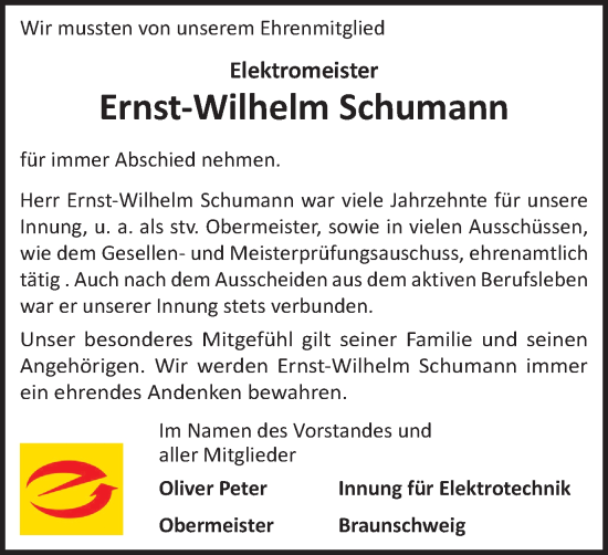 Traueranzeige von Ernst-Wilhelm Schumann von Braunschweiger Zeitung