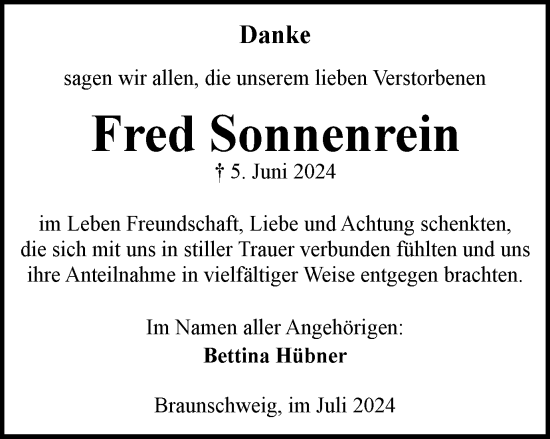 Traueranzeige von Fred Sonnenrein von Braunschweiger Zeitung