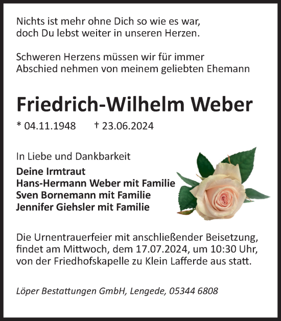 Traueranzeige von Friedrich-Wilhelm Weber von Peiner Nachrichten