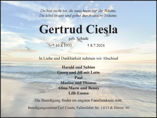 Traueranzeige von Gertrud Ciesla von Braunschweiger Zeitung