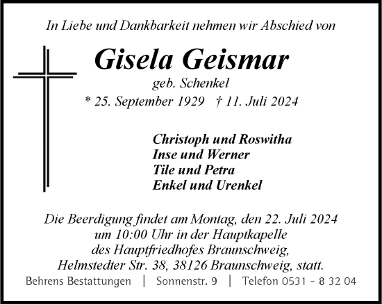 Traueranzeige von Gisela Geismar von Braunschweiger Zeitung