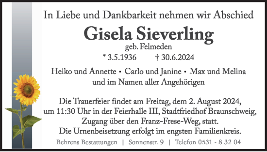 Traueranzeige von Gisela Sieverling von Braunschweiger Zeitung