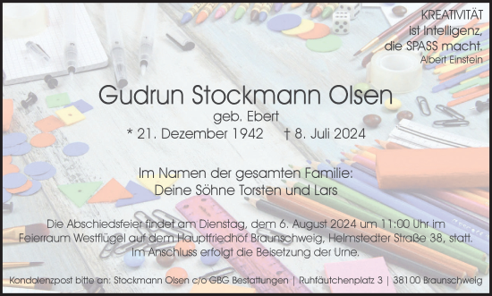 Traueranzeige von Gudrun Stockmann Olsen von Braunschweiger Zeitung