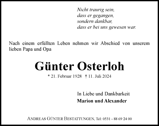 Traueranzeige von Günter Osterloh von Braunschweiger Zeitung