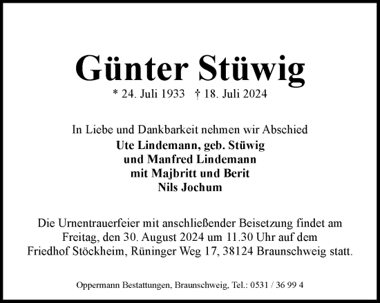 Traueranzeige von Günter Stüwig von Braunschweiger Zeitung