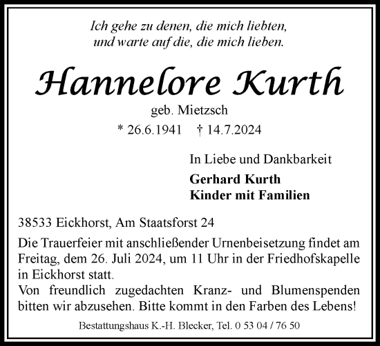 Traueranzeige von Hannelore Kurth von Wolfsburger Nachrichten