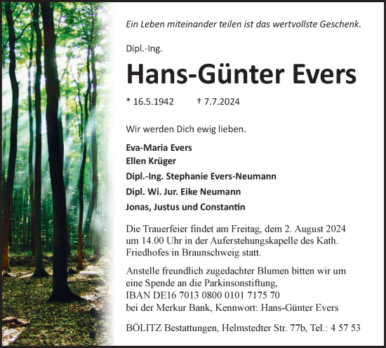 Traueranzeige von Hans-Günter Evers von Braunschweiger Zeitung