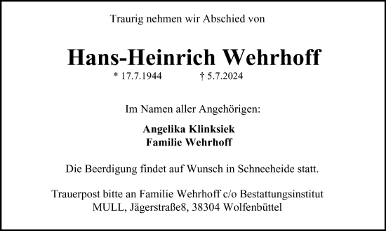Traueranzeige von Hans-Heinrich Wehrhoff von Braunschweiger Zeitung