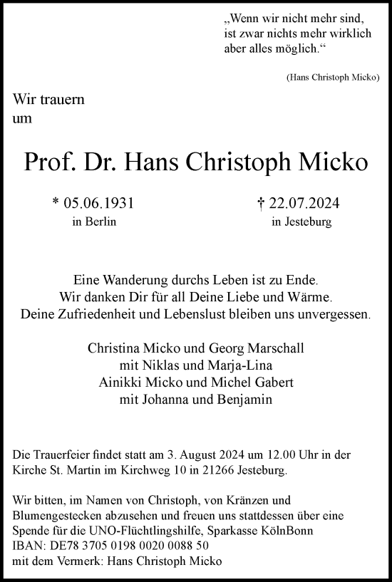 Traueranzeige von Hans Christoph Micko von Braunschweiger Zeitung