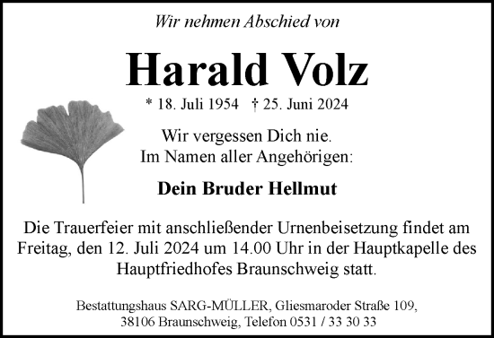 Traueranzeige von Harald Volz von Braunschweiger Zeitung