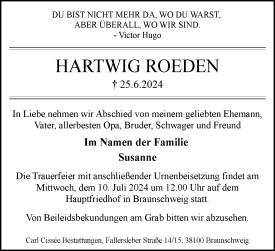 Traueranzeige von Hartwig Roeden von Braunschweiger Zeitung