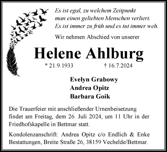 Traueranzeige von Helene Ahlburg von Peiner Nachrichten