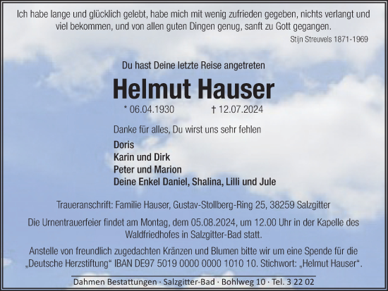 Traueranzeige von Helmut Hauser von Salzgitter-Zeitung