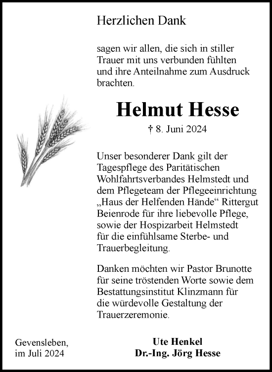 Traueranzeige von Helmut Hesse von Braunschweiger Zeitung